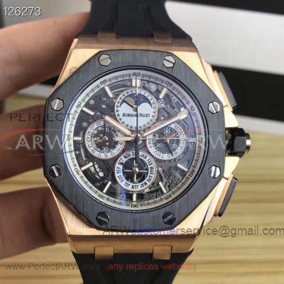 Perfect Replica Audemars Piguet Royal Oak Black Skeleton Moonphase Dial Chronograph 42mm Men's Watch